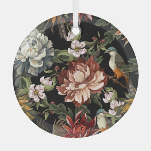 Ornate Vintage Peonies, Roses, Birds. Glass Ornament