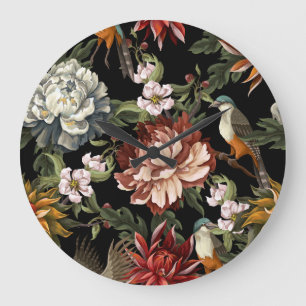 Ornate Vintage Peonies, Roses, Birds. Large Clock