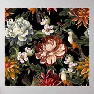 Ornate Vintage Peonies, Roses, Birds. Poster