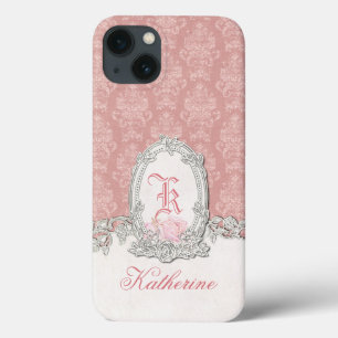 Ornate Vintage Pink Damask Floral Monogram iPhone 13 Case