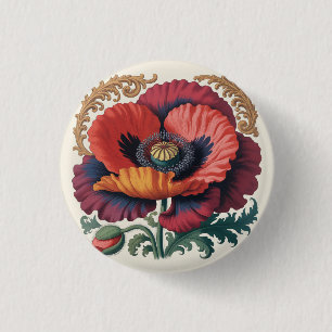 Ornate Vintage Poppy Floral Illustration 1 Inch Round Button