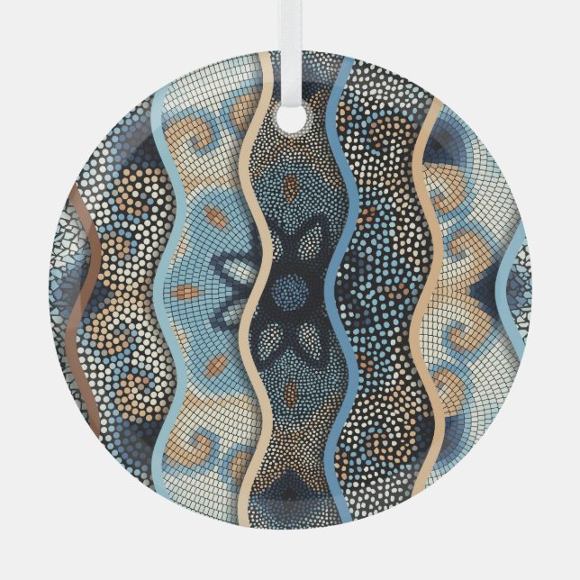 Ornate Waves: Mosaic Tile Texture. Glass Ornament (Front)
