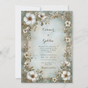 Ornate White Blossom Teal Watercolor Frame Wedding Invitation