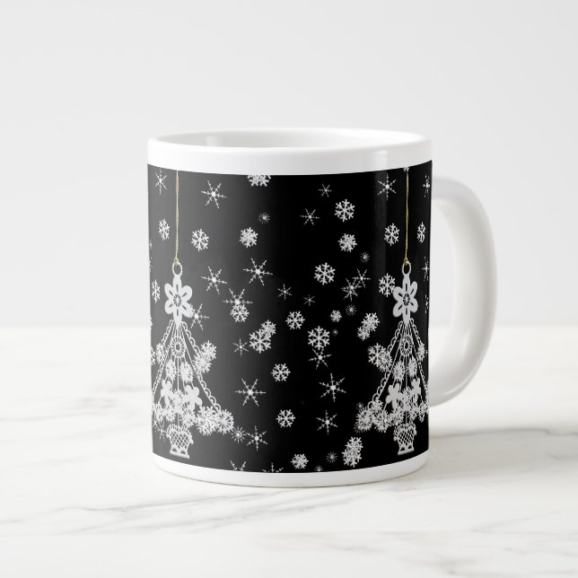 Ornate White Christmas Tree & Snowflakes Large Coffee Mug (Front Right)