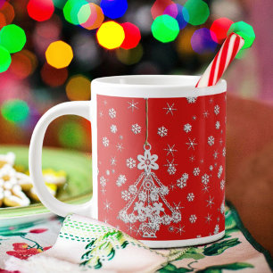 Ornate White Christmas Tree & Snowflakes Large Coffee Mug