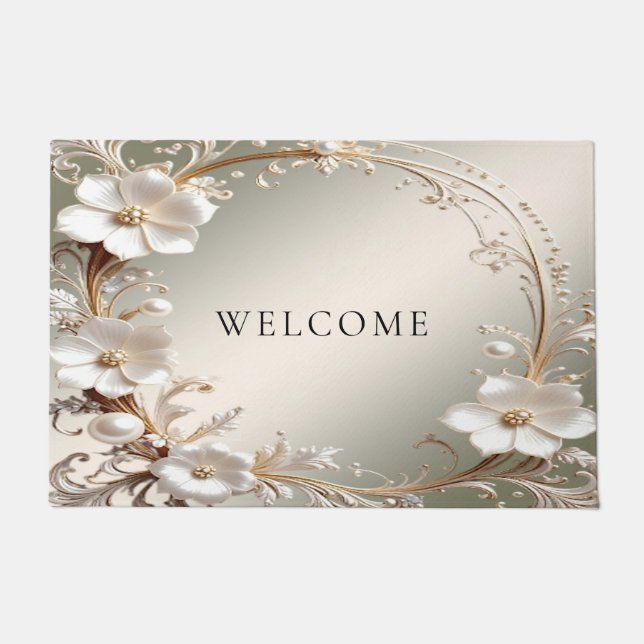 Ornate White Floral Doormat (Front)