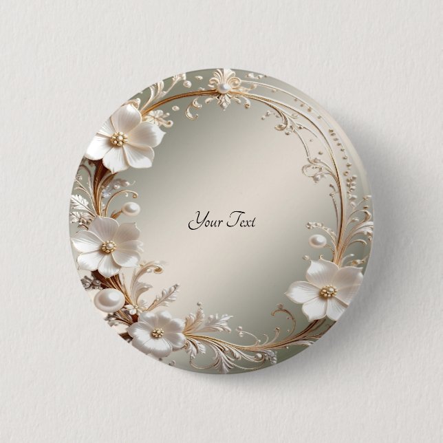 Ornate White Floral Frame Button (Front)