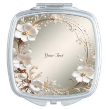 Ornate White Floral Frame Compact Mirror