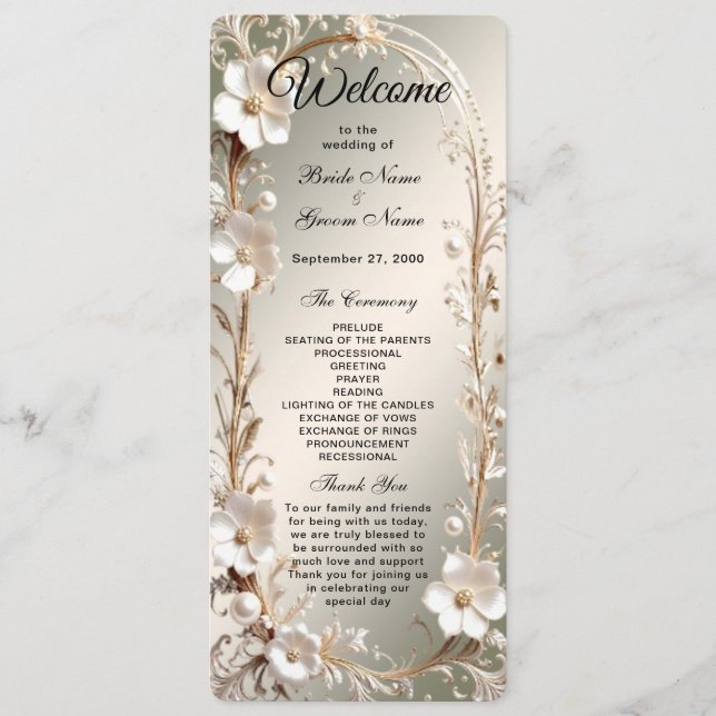 Ornate White Floral Frame Wedding Program (Front)