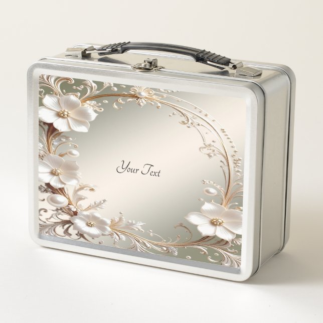 Ornate White Floral Lunch box (Front)