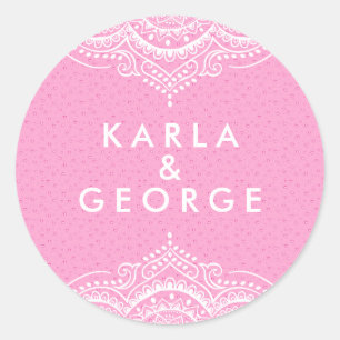 Ornate White Lace & Pink Hearts Pattern Classic Round Sticker