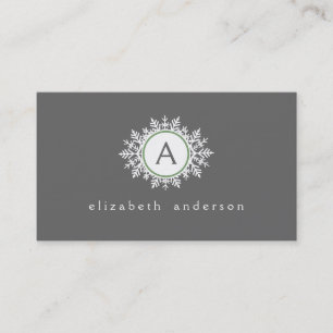 Ornate White Sage Green Snowflake Monogram Grey Business Card
