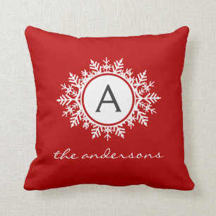 Ornate White Snowflake Monogram Family Festive Red Throw Pillow