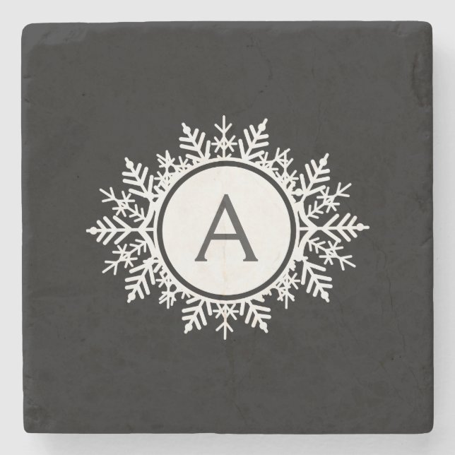 Ornate White Snowflake Monogram on Black Stone Coaster (Front)