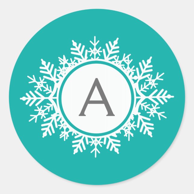 Ornate White Snowflake Monogram on Bright Teal Classic Round Sticker (Front)