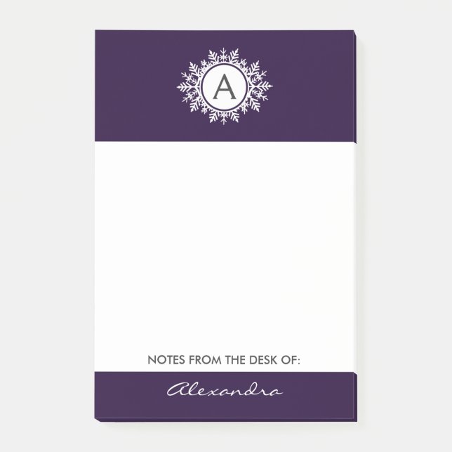 Ornate White Snowflake Monogram on Purple Post-it Notes (Front)