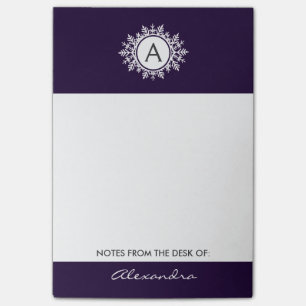 Ornate White Snowflake Monogram on Purple Post-it Notes