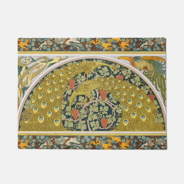 Ornate William Morris Style Peacock Grapevine Art Doormat (Front)