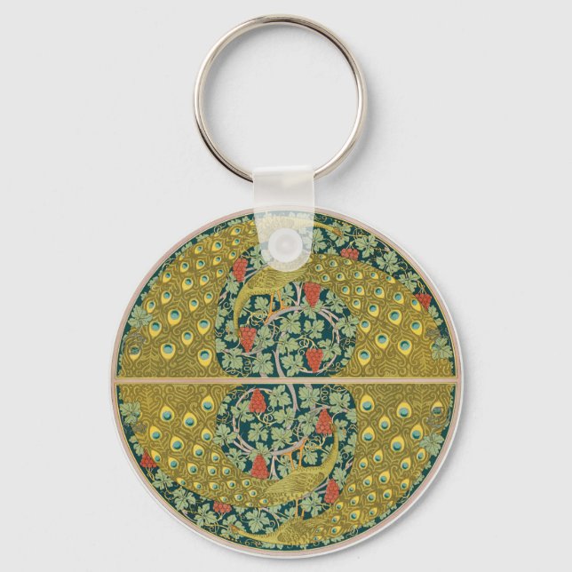 Ornate William Morris Style Peacock Grapevine Art Keychain (Front)