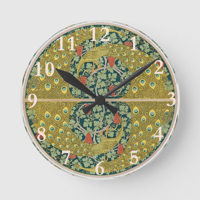 Ornate William Morris Style Peacock Grapevine Art Round Clock (Front)
