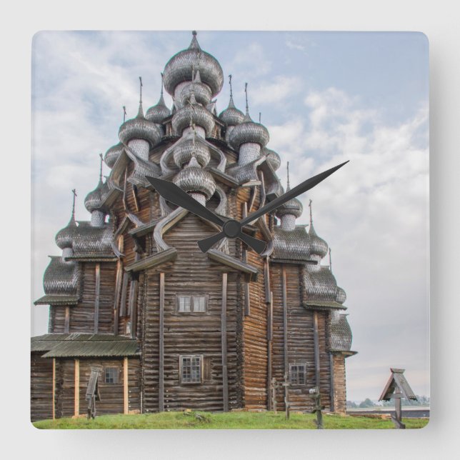 Ornate wooden church, Russia Square Wall Clock (Front)