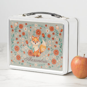 Ornate Woodland Fox Whimsical Watercolor Name Metal Lunch Box
