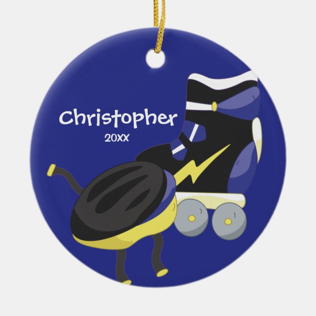 Ornement bleu de Noël de sport de patin de rouleau (Devant)