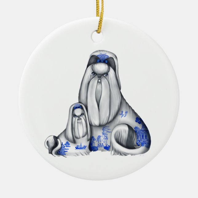 Ornement bleu de Shih Tzus de saule (Devant)