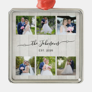 Ornement Carré Argenté 6 Photo de mariage Cœur Swash Signature Bois Blanc