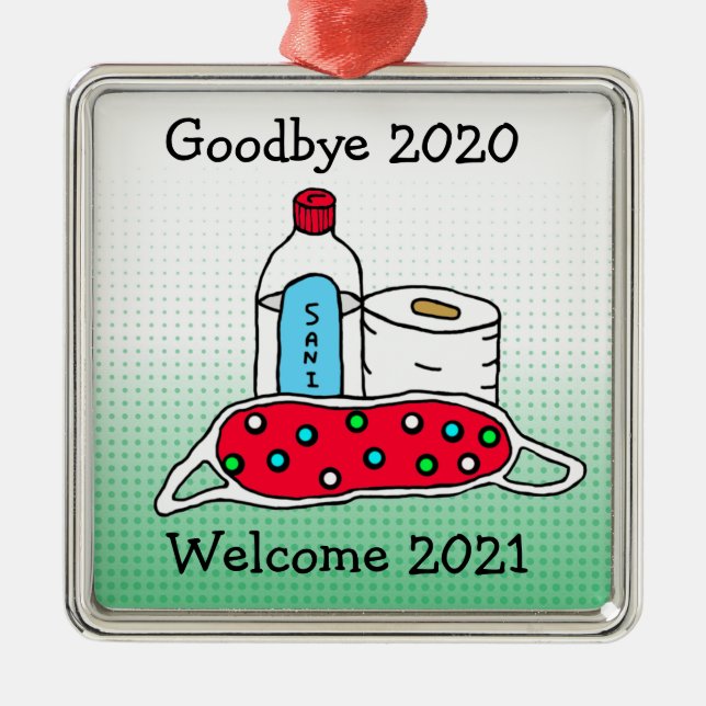 Ornement Carré Argenté Adieu 2020, Bienvenue 2021 Noël (Devant)