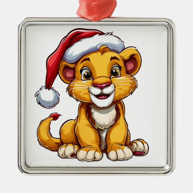 Ornement Carré Argenté adorable caricature Lion Cub portant un chapeau de (Devant)