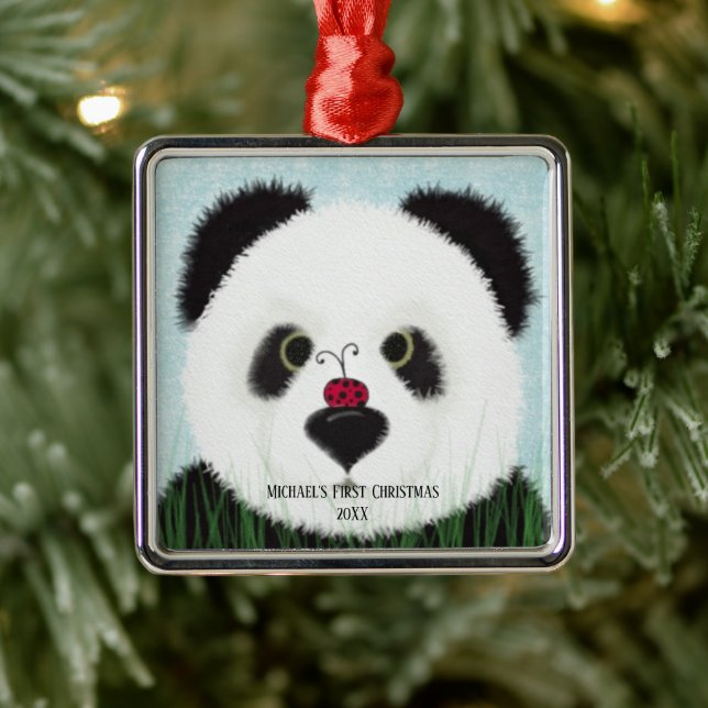 Ornement Carré Argenté Adorable Panda Ours Métal Ornament (Arbre)