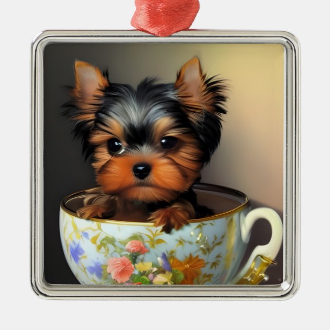 Ornement Carré Argenté Adorable Yorkie Dans Un Tea (Devant)