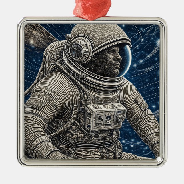 Ornement Carré Argenté Ai Art astronaute dans l'espace (Devant)