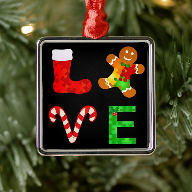 Ornement Carré Argenté Aimer l'autisme Noël (Arbre)
