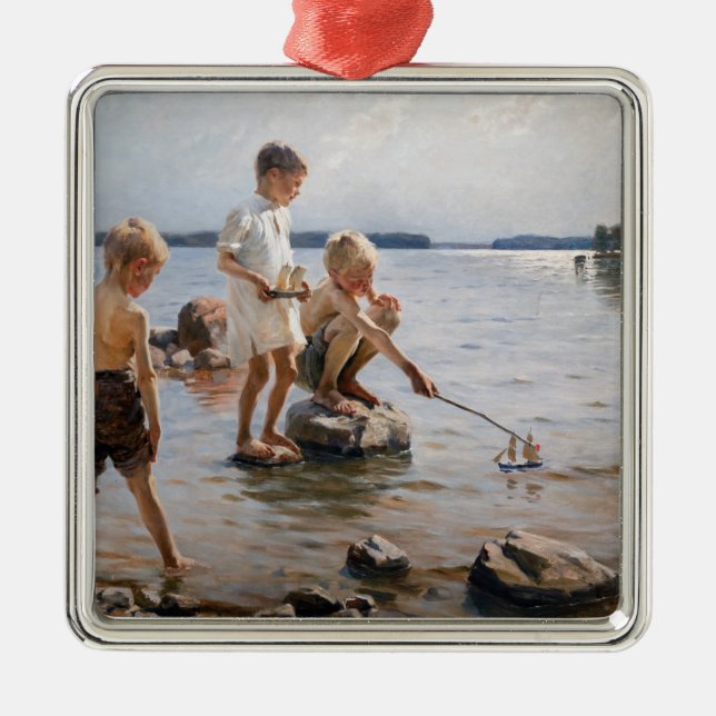 Ornement Carré Argenté Albert Edelfeue - Les garçons jouent sur le rivage (Devant)