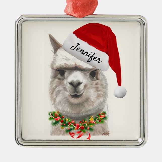 Ornement Carré Argenté Alpaca sourit AJOUTER LE NOM Llama Christmas Tree (Devant)