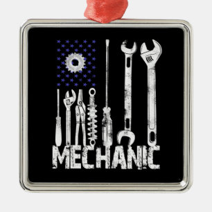 Ornement Carré Argenté Amateurs mécaniques   Mechanic USA Drapeau