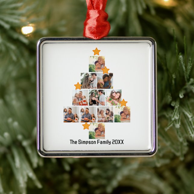 Ornement Carré Argenté Amusement personnalisé Famille Noël 11 Photo Colla (Arbre)