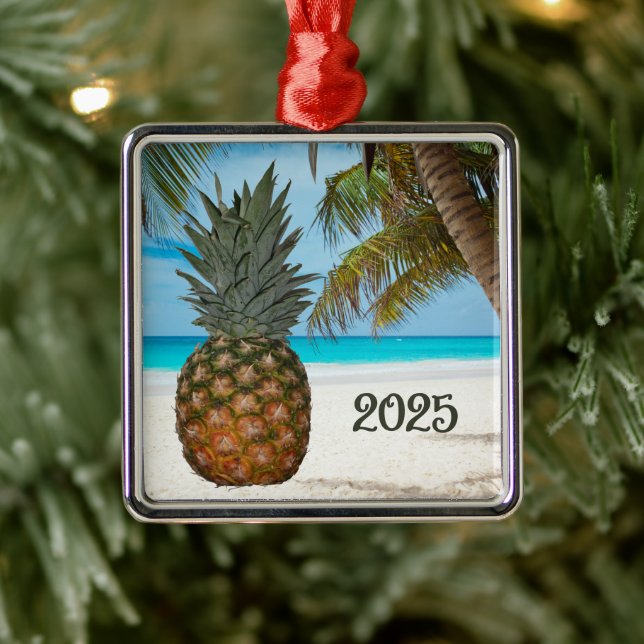 Ornement Carré Argenté Ananas, Plage, Palmier, Océan, (Arbre)