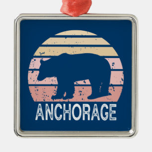 Ornement Carré Argenté Anchorage Alaska Retro Bear