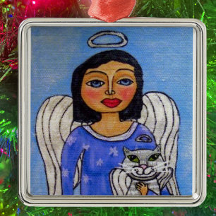 Ornement Carré Argenté Ange d'art populaire Ange Chat Angel
