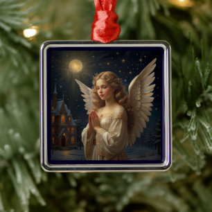 Ornement Carré Argenté  Ange de Noël vintage Nuit étoilée