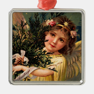 Ornement Carré Argenté Angel avec une Armful of Christmas Greenery