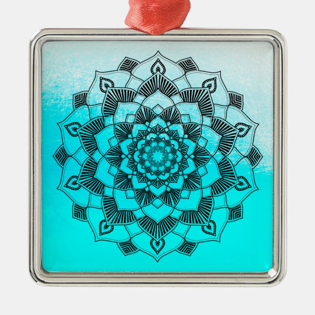 Ornement Carré Argenté Aqua Blue Mandala Abstrait Beau Noël (Devant)