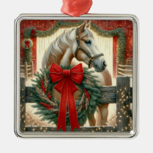 Ornement Carré Argenté Aquarelle Cheval et Ferme Festive Noël