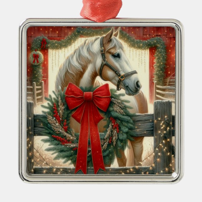 Ornement Carré Argenté Aquarelle Cheval et Ferme Festive Noël (Devant)