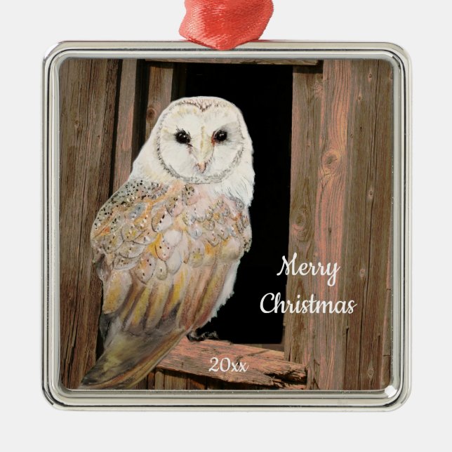 Ornement Carré Argenté Aquarelle de Noël DATÉ Bonnet Chouette Oiseau (Devant)