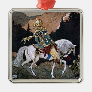 Ornement Carré Argenté Arabian Nights Chevalier Prince sur Cheval Blanc