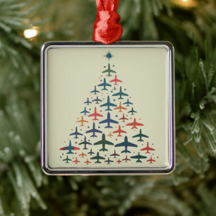 Ornement Carré Argenté Arbre de Noël Avion Pilote Rétro Volant 